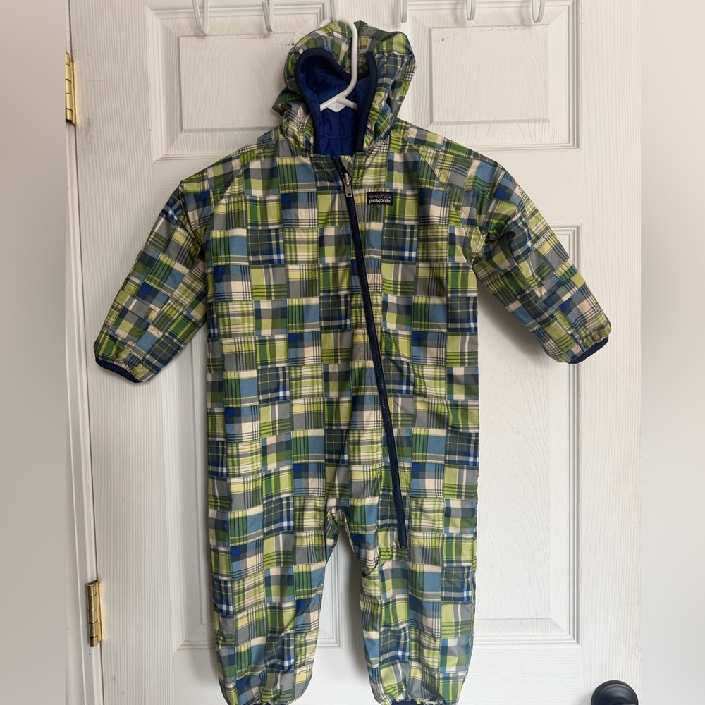Patagonia Green and Blue Plaid Reversible Snowsuit